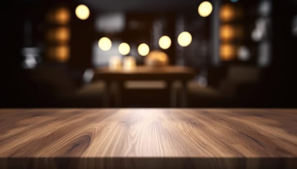 Empty table in dark trendy living room with blurred background. Generative AI.