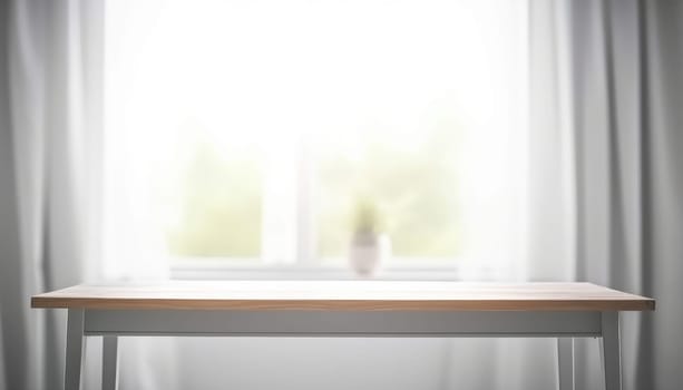 Wooden table with copy space and window background with curtains. Generative ai.