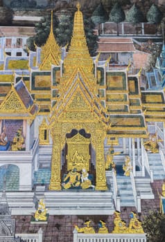 BANGKOK, THAILAND - DECEMBER 29, 2017:Ancient Thai mural painting of Ramakien epic inside of Wat Phra Kaew in Bangkok, Thailand.Ramakien is national epic of Thailand derived from Hindu Ramayana epic.