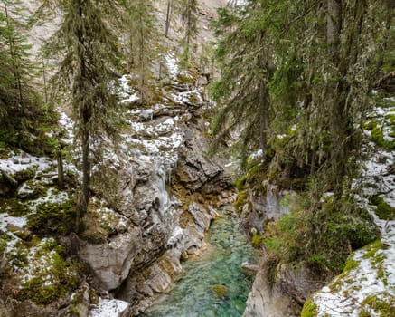 Early Winter scenery of Johnston Canyon in Banff National Park, Alberta, Canada