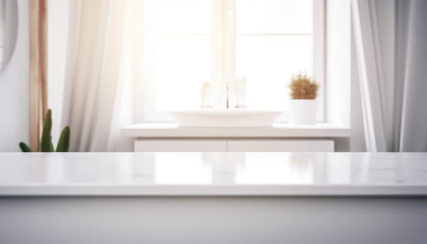 Empty white countertop with blurred bathroom background. Generative AI.