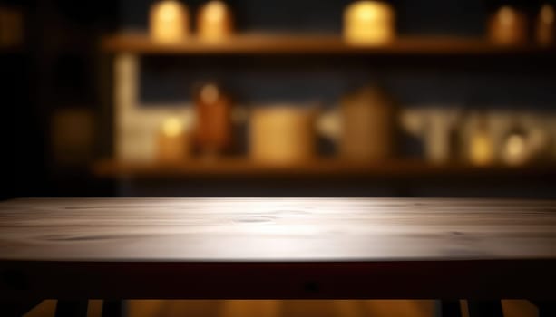 Empty wooden table for product display with blurred dark living room background. Genrative AI.