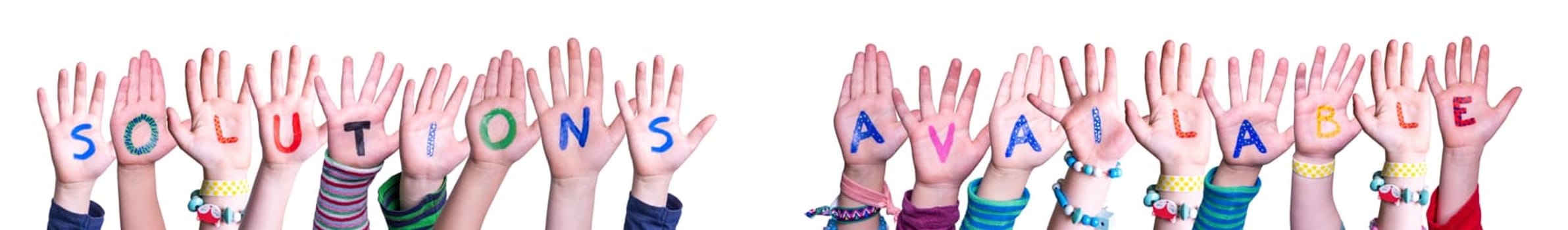 Children Hands Building Colorful English Word Solutions Available. White Isolated Background