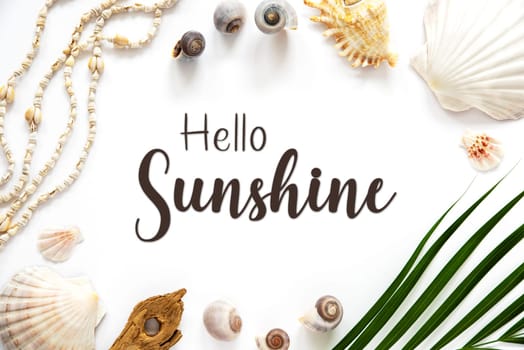 White Summer Flat Lay, Top View, Decorated With Shells and Plants, With English Text Hello Sunshine