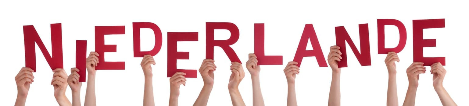 People Or Persons Hands Building German Word Niederlande Means Netherlands. Isolated White Background.