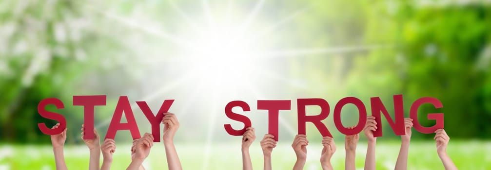 People Or Persons Hands Building English Word Stay Strong. Sunny Green Grass Meadow As Background.