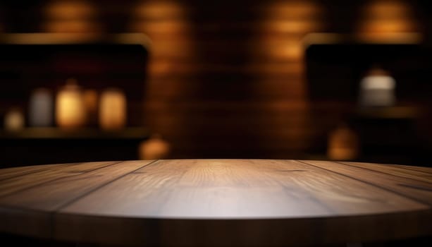 Empty table in dark trendy living room with blurred background. Generative AI.