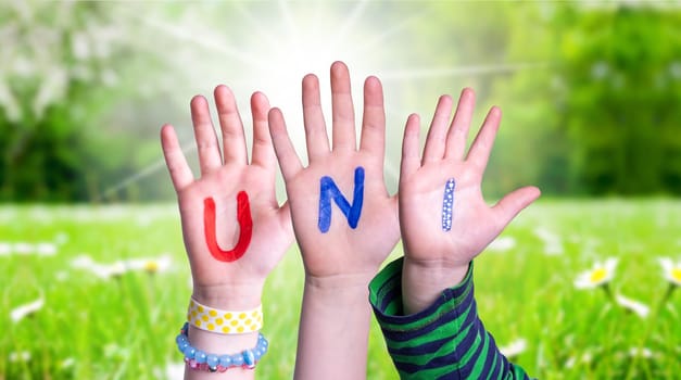 Children Hands Building Colorful German Word Uni Means University. Sunny Green Grass Meadow As Background.