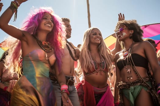 The music festival brings people together in a joyous celebration of music and life, with friends and strangers alike enjoying the sunshine and festivities under the open sky. (generative AI)