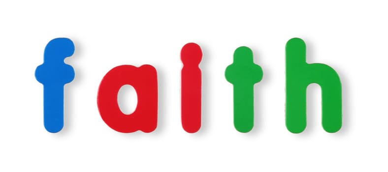 faith word coloured magnetic letters on white with clipping path to remove shadow