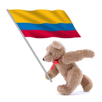 A Colombia flag being carried by a cute teddy bear