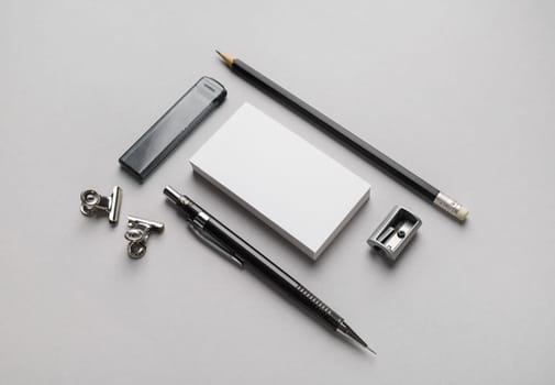 Blank stationery template on gray paper background. Mockup for design presentations and portfolios.
