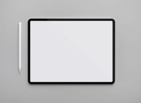 Digital tablet with blank white screen and stylus pen on gray paper background. Flat lay.