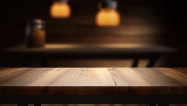 Dark rustic living room with empty table for product display. Generative AI.
