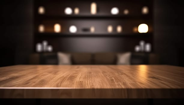 Dark rustic living room with empty table for product display. Generative AI.