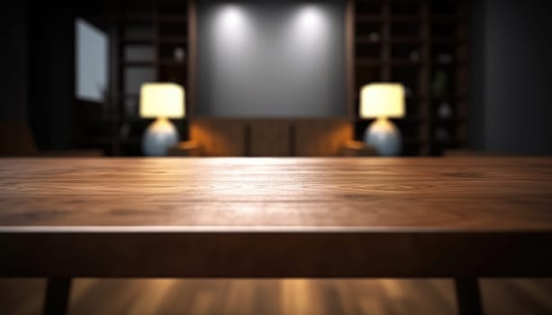 Dark rustic living room with empty table for product display. Generative AI.