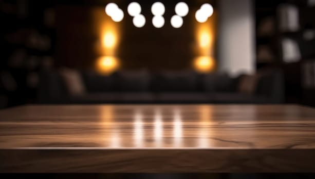 Dark rustic living room with empty table for product display. Generative AI.