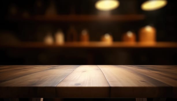 Dark rustic living room with empty table for product display. Generative AI.