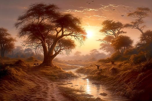 Wildlife of Africa, in the rays of the evening setting sun. The African savannah is a breathtaking landscape filled with tall acacia trees, lush grasses, and shrubs that surround streams and rivers. It's a perfect habitat for a variety of animals that roam freely along winding roads and paths, especially during stunning sunsets and sunny days. The nature reserve offers a chance to observe the flora and fauna, which stand out in the background of the red and brown colors of the evening, morning, and dawn. It's a perfect destination for tourism and travel, providing a glimpse of the beautiful outdoors and the sky above. This illustration captures the essence of the safari plain and pasture, showcasing the beauty of nature. Illustration AI.