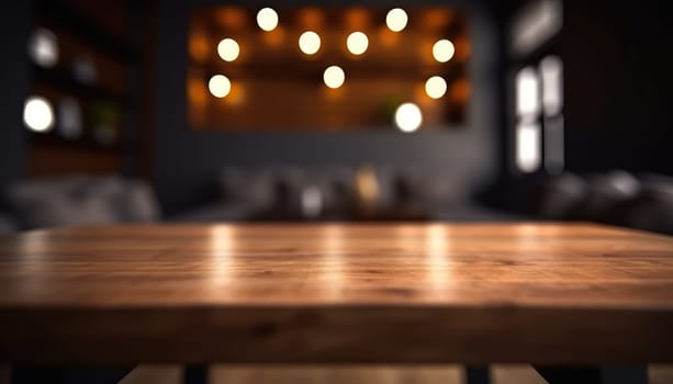 Dark rustic living room with empty table for product display. Generative AI.