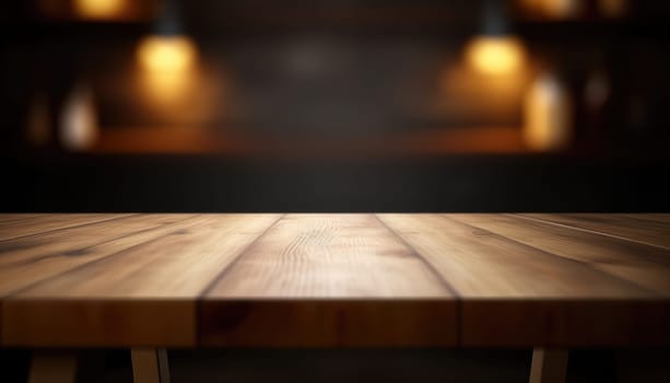 Dark rustic living room with empty table for product display. Generative AI.