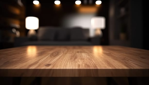Dark rustic living room with empty table for product display. Generative AI.