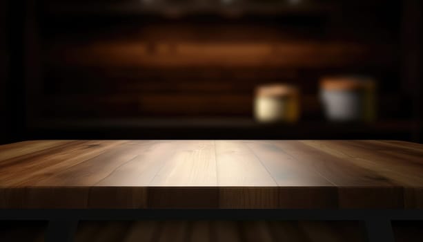 Dark rustic living room with empty table for product display. Generative AI.