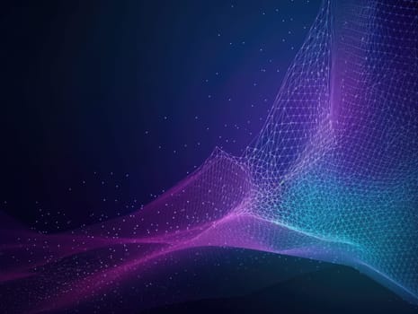 Blue particles wave background. Abstract dynamic mesh. Big data technology. Generative AI.