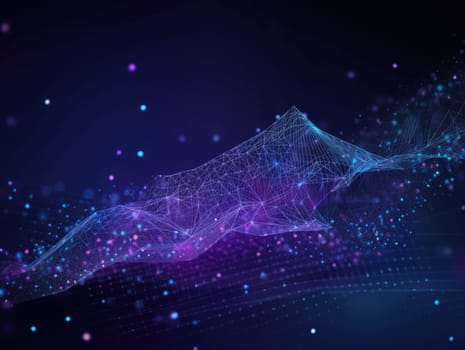 Blue particles wave background. Abstract dynamic mesh. Big data technology. Generative AI.