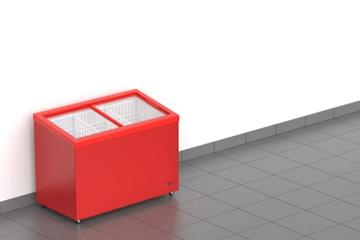 Red empty ice cream freezer in supermarket