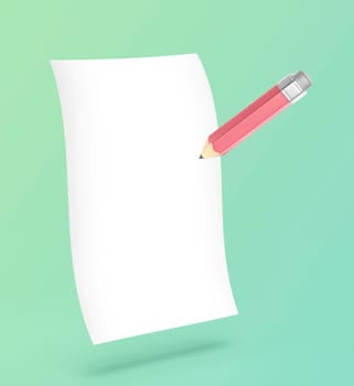Cartoon style pencil with empty paper sheet on green background
