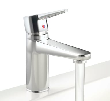 Stream of water flowing from silver tap in bathroom