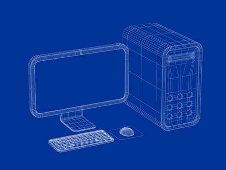 3D wire-frame model of simple desktop computer with monitor, keyboard and mouse
