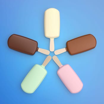 Five different chocolate ice creams on blue background