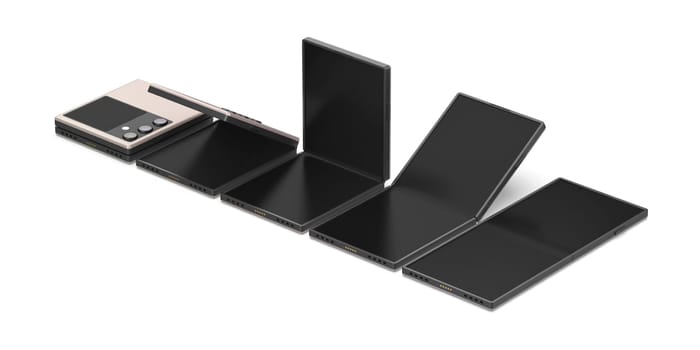 Five foldable smartphones in a row on white background