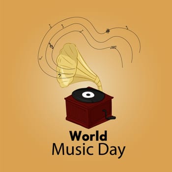 World Music Day with gramophone with vinyl recording on disc vector. Music Day Poster, June 21st