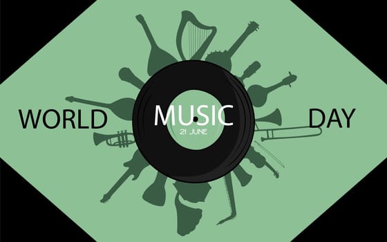 World Music Day with vinyl disc and Different musical instruments silhouette vector. Music Day Poster, June 21st