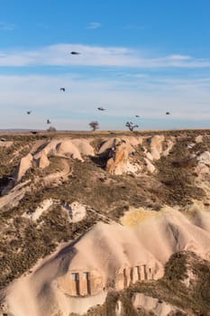 Volcanic cliffs and rock formations at Cappadocia, Anatolia. Turkey