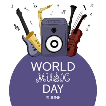 World Music Day with Different musical instruments vector. Music Day Poster, June 21st