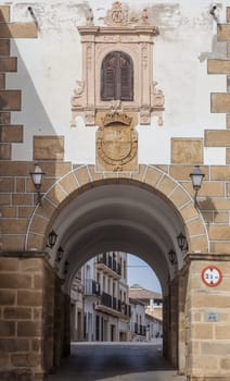 Arco de la Concepcion, Gate of bastioned town wall, built 1611. Alcantara streets old town, Caceres, Extremadura, Spain
