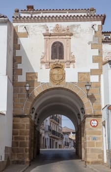 Arco de la Concepcion, Gate of bastioned town wall, built 1611. Alcantara streets old town, Caceres, Extremadura, Spain