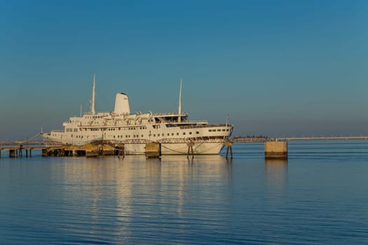 Lisbon, Portugal - February 3, 2022 - View of ship named Funchal (Paquete Funchal) in the pier cais da matinha