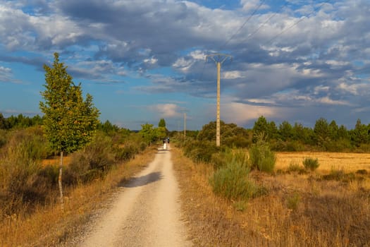 Navarre, Spain, 26 August, 2022: Pilgrims walk along the Camino De Santiago, the Way of St. James pilgrimage route, Navarra, Spain.
