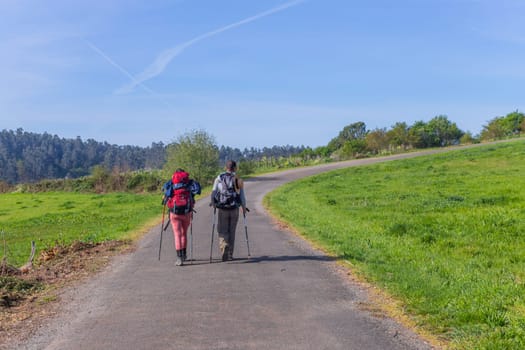 Navarre, Spain, 26 March, 2023: Pilgrims walk along the Camino De Santiago, the Way of St. James pilgrimage route, Navarra, Spain.