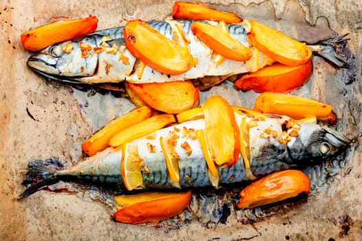 Appetizing mackerel fish grilled in persimmon fruit sauce. Food recipe