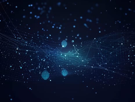 Blue particles wave background. Abstract dynamic mesh. Big data technology. Generative AI.