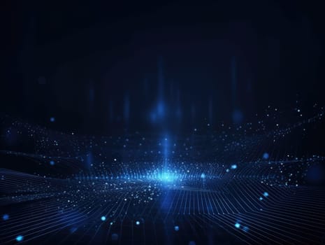 Blue particles wave background. Abstract dynamic mesh. Big data technology. Generative AI.