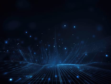 Blue particles wave background. Abstract dynamic mesh. Big data technology. Generative AI.