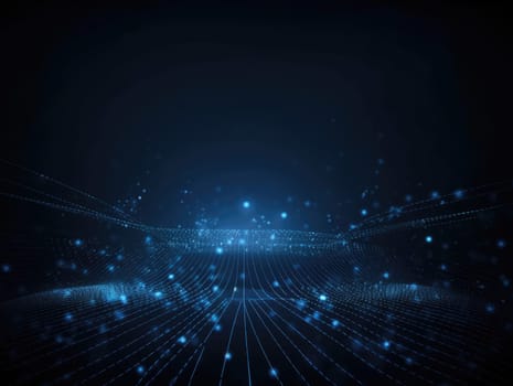 Blue particles wave background. Abstract dynamic mesh. Big data technology. Generative AI.