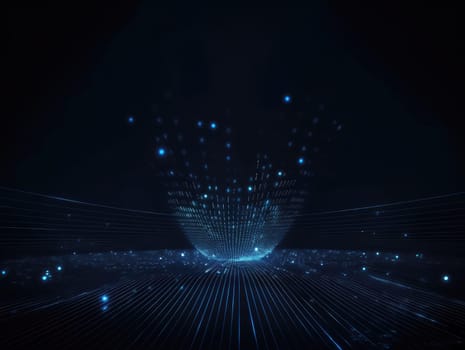 Blue particles wave background. Abstract dynamic mesh. Big data technology. Generative AI.
